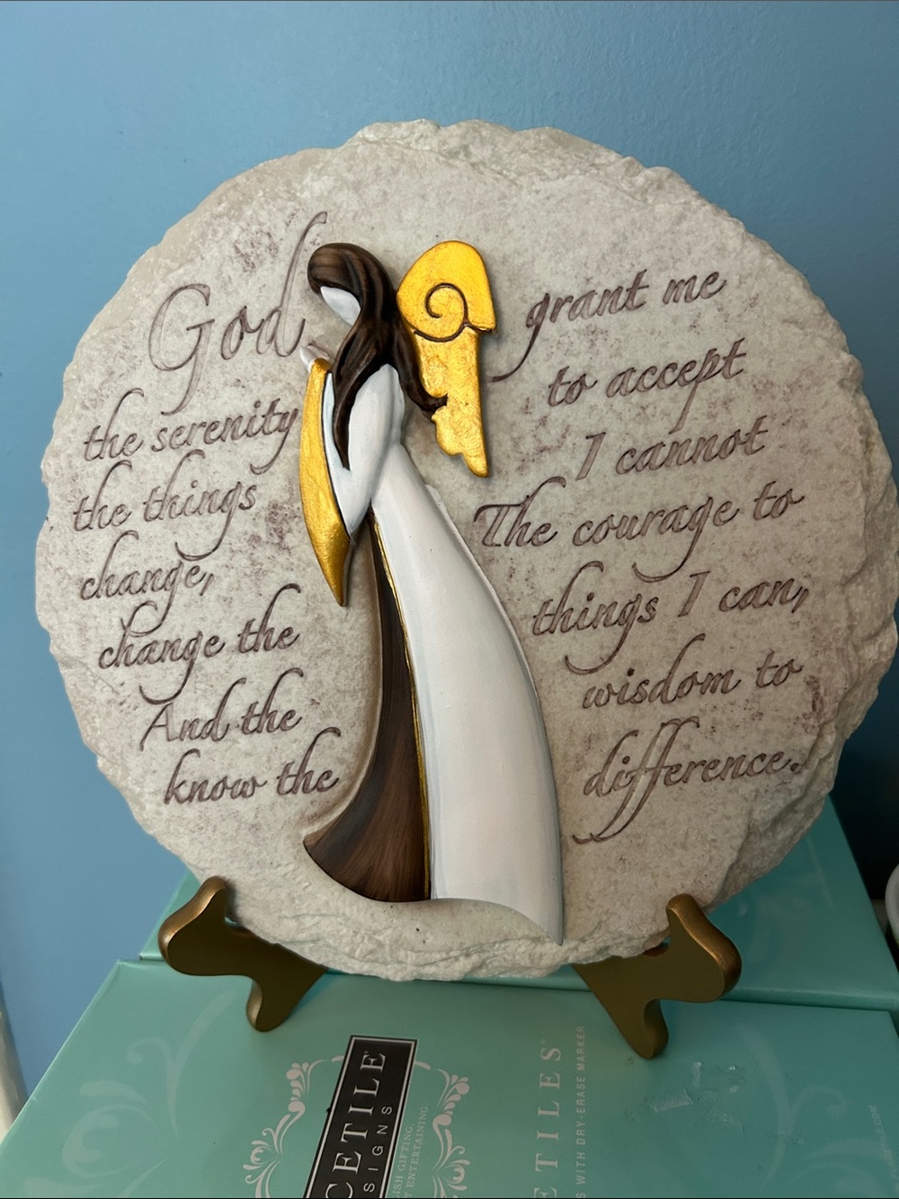 Serenity Prayer Angel Stone Accent - White and Gold. Plate Holder is included!